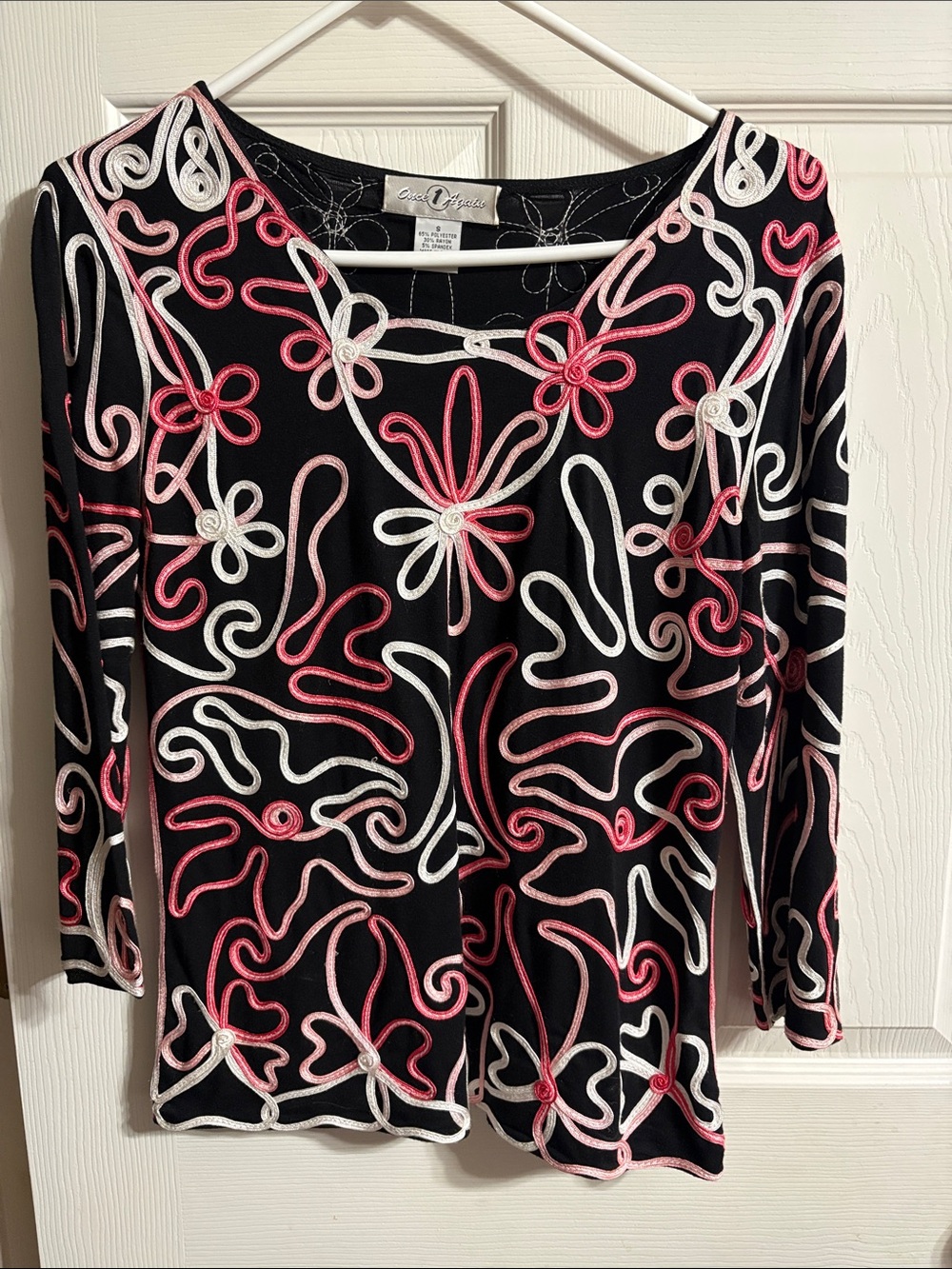 Cinzia Rocca Black Long-Sleeve Top with Pink & White Floral Embroidery